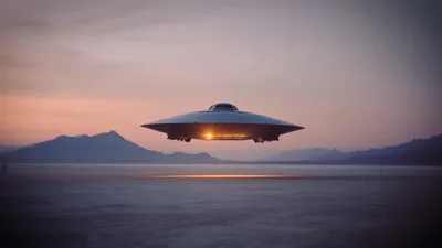 Mysterious UFO Hovering Over Mountain Waters at Dusk - free landscapes wallpaper 1920×1080