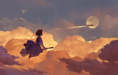 Moonlit Flight Through Golden Clouds - free art & design wallpaper 1920×1224