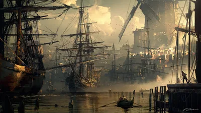 Golden Harbor of Sailing Ships - free art & design wallpaper 2560×1440