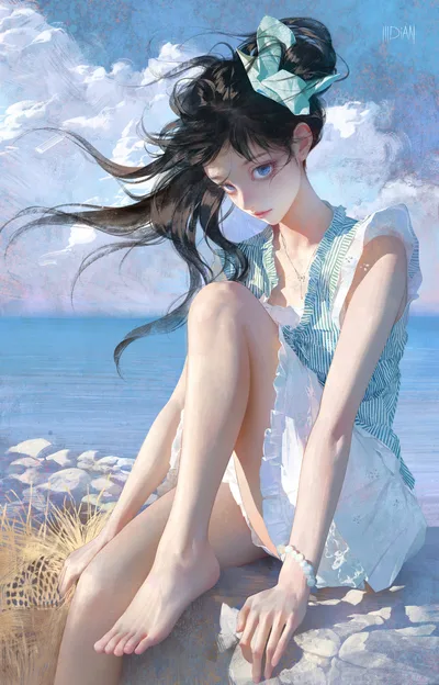 Coastal Serenity: Asian Woman by the Sea - free wallpaper 4541×7087