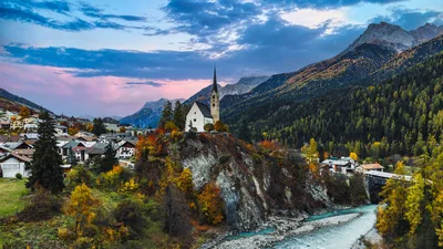 Alpine Church Among Autumn Mountains - free wallpaper 5120×2880