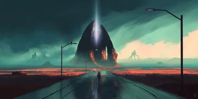 Alien Descent on the Desert Road - free sci-fi wallpaper 3840×1920