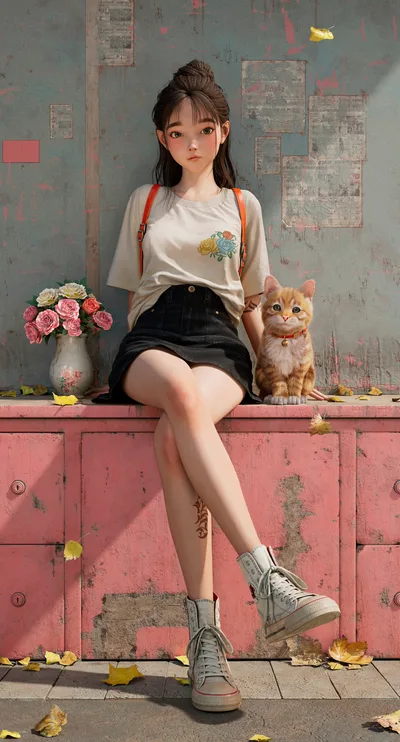 Girl With Cat Sitting By Pink Wall - free art & design wallpaper 4000×7417