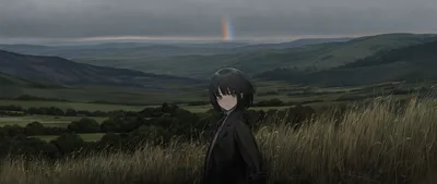 Solitary Gaze Across Rolling Mountains - free anime wallpaper 6982×2948