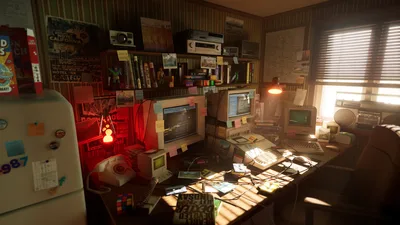 Retro Computer Room Bathed in Golden Sunlight - free technology wallpaper 1920×1080