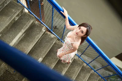 Woman on Stairs by Blue Metal Railing - free people & portraits wallpaper 5184×3456