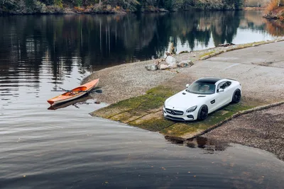 White Sports Car Parked By River With Orange Kayak - free wallpaper 6604×4403