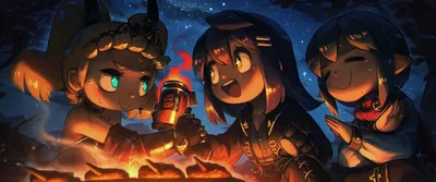 Three Animated Characters Gathered Around Campfire Under Starry Sky - free anime wallpaper 3840×1600