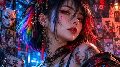 Cyberpunk Woman With Neon Hair And Tattoos - free people & portraits wallpaper 1672×941