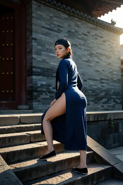 Woman in Blue Dress Posing on Stone Steps - free wallpaper 4800×7200