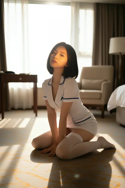 Woman in White Nurse Uniform Kneeling in Hotel Room - free people & portraits wallpaper 4800×7200