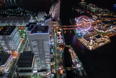 Nighttime Aerial View of Yokohama Waterfront and Ferris Wheel - free city & urban wallpaper 6016×4016
