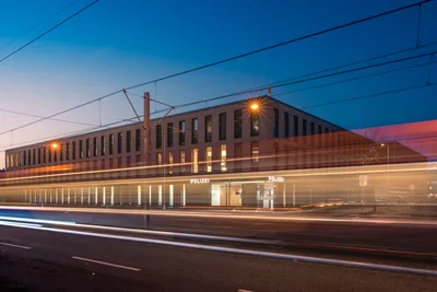 Police Station Building at Twilight with Light Trails - free wallpaper 5634×3756