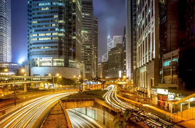Hong Kong Night Street With Light Trails and Skyscrapers - free wallpaper 5120×3368