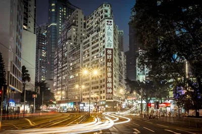 Hong Kong Street At Night With Light Trails And Chinese Advertisement - free city & urban wallpaper 5120×3412