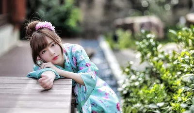 Young Girl in Floral Kimono Posing by Garden - free wallpaper 5104×2970
