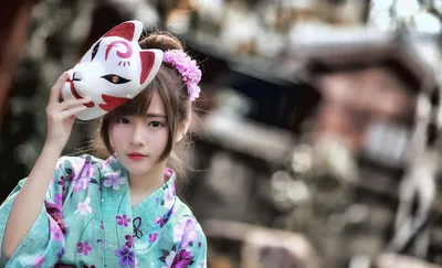 Girl in Floral Kimono Holding Decorative Kitsune Mask - free wallpaper 5744×3483