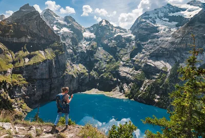 Hiker Overlooking Alpine Lake in Mountain Valley - free people & portraits wallpaper 5238×3516