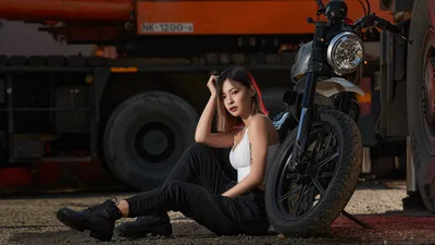 Woman Posing With Motorcycle By Industrial Truck - free people & portraits wallpaper 5184×2916