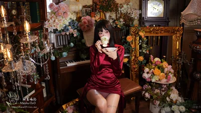 Woman in Red Dress Drinking Tea in Ornate Victorian Room - free people & portraits wallpaper 7008×3944