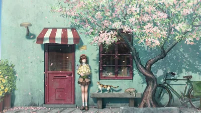 Spring Blossom Shop with Cats and Bicycle - free anime wallpaper 3840×2160