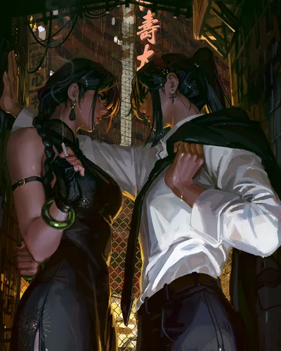 Midnight Encounter: Dark-Haired Couple in Neon Rain - free art & design wallpaper 3999×4999
