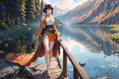 Anime Woman in Golden Attire by Mountain Lake - free anime wallpaper 3072×2048