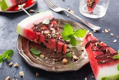 Gourmet Watermelon Dessert with Chocolate Drizzle and Nuts - free art & design wallpaper 5760×3840