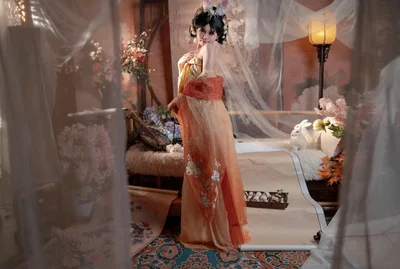Woman in Orange Gown in Traditional Asian Interior - free people & portraits wallpaper 6380×4291