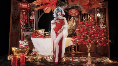 Character in Red Chinese-Inspired Dress in Festive Temple Setting - free wallpaper 7680×4320
