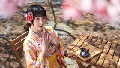 Woman in Floral Kimono Under Cherry Blossoms - free people & portraits wallpaper 4816×2717