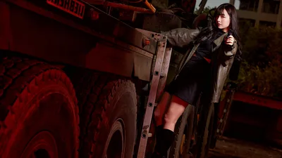 Woman Posing Against Large Red Industrial Truck - free people & portraits wallpaper 5184×2916