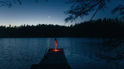 Woman in Red on Dock at Twilight by Forest Lake - free people & portraits wallpaper 8080×4547