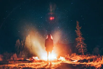Figure Standing by Campfire Under Starry Night Sky - free people & portraits wallpaper 3539×2362