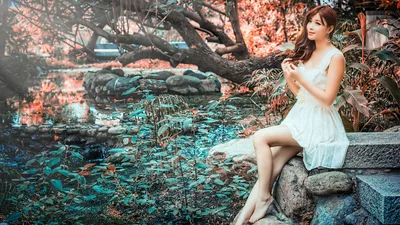 Woman in White Dress by Stream with Autumn Trees - free people & portraits wallpaper 5760×3240