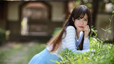 Asian Woman in Blue Áo Dài Posing Among Garden Plants - free people & portraits wallpaper 5760×3240