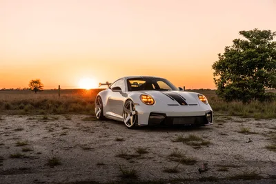 White Porsche 911 at Sunset in Rural Landscape - free wallpaper 9504×6336
