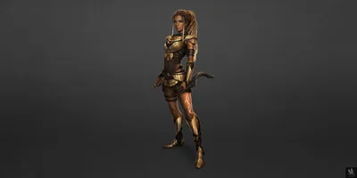 Warrior Woman in Gold Armor Against Gray Background - free wallpaper 3200×1600