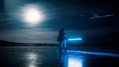 Figure With Lightsaber on Moonlit Beach - free movies & tv wallpaper 3840×2160