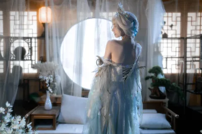 Ethereal Woman in Flowing Gown Before Moonlit Window - free people & portraits wallpaper 6500×4333
