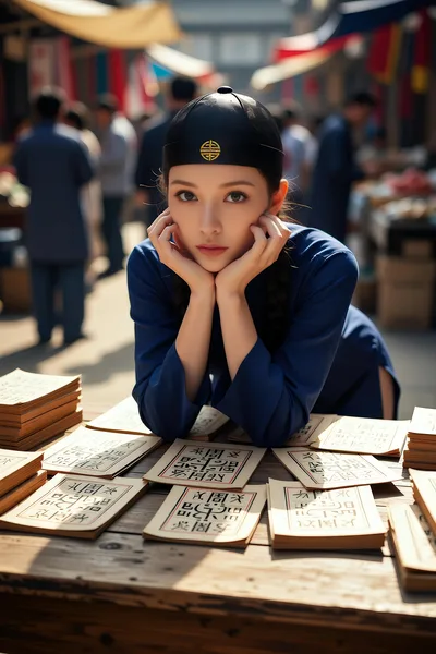 Woman Studying Chinese Characters in Traditional Market Setting - free people & portraits wallpaper 4800×7200