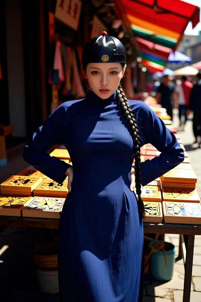Woman in Blue Áo Dài at Colorful Market Stall - free people & portraits wallpaper 4800×7200