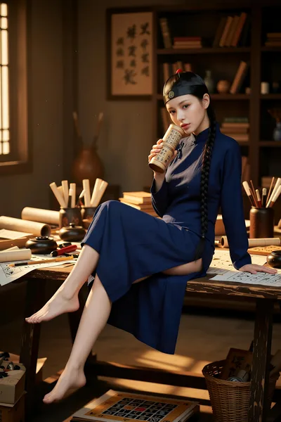 Woman in Blue Traditional Outfit at Calligraphy Desk - free people & portraits wallpaper 4800×7200