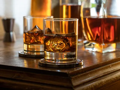 Premium Whiskey Glasses with Ice on Wooden Surface - free food wallpaper 3200×2400