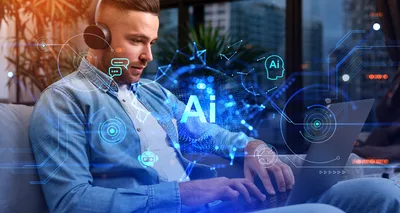 Man With Headphones Using Laptop With AI Holographic Interface - free people & portraits wallpaper 6000×3200