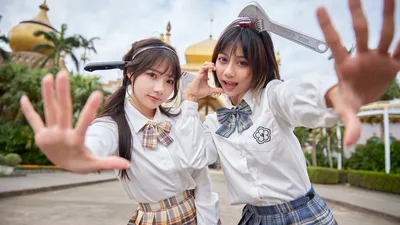 Two School Girls Playing with Tools at Temple Garden - free people & portraits wallpaper 8189×4606