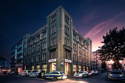 Police Station at Dusk with Patrol Vehicles - free city & urban wallpaper 4892×3261