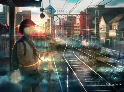 Anime Girl at Railway Station at Sunset - free wallpaper 3542×2632