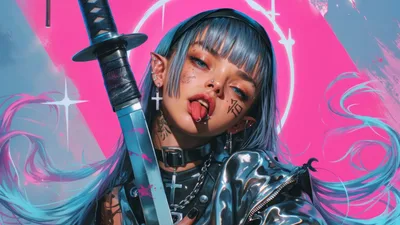 Cyberpunk Warrior with Sword in Neon Pink Setting - free art & design wallpaper 3840×2160