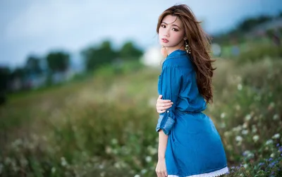 Woman in Blue Denim Dress in Wildflower Field - free people & portraits wallpaper 2048×1286